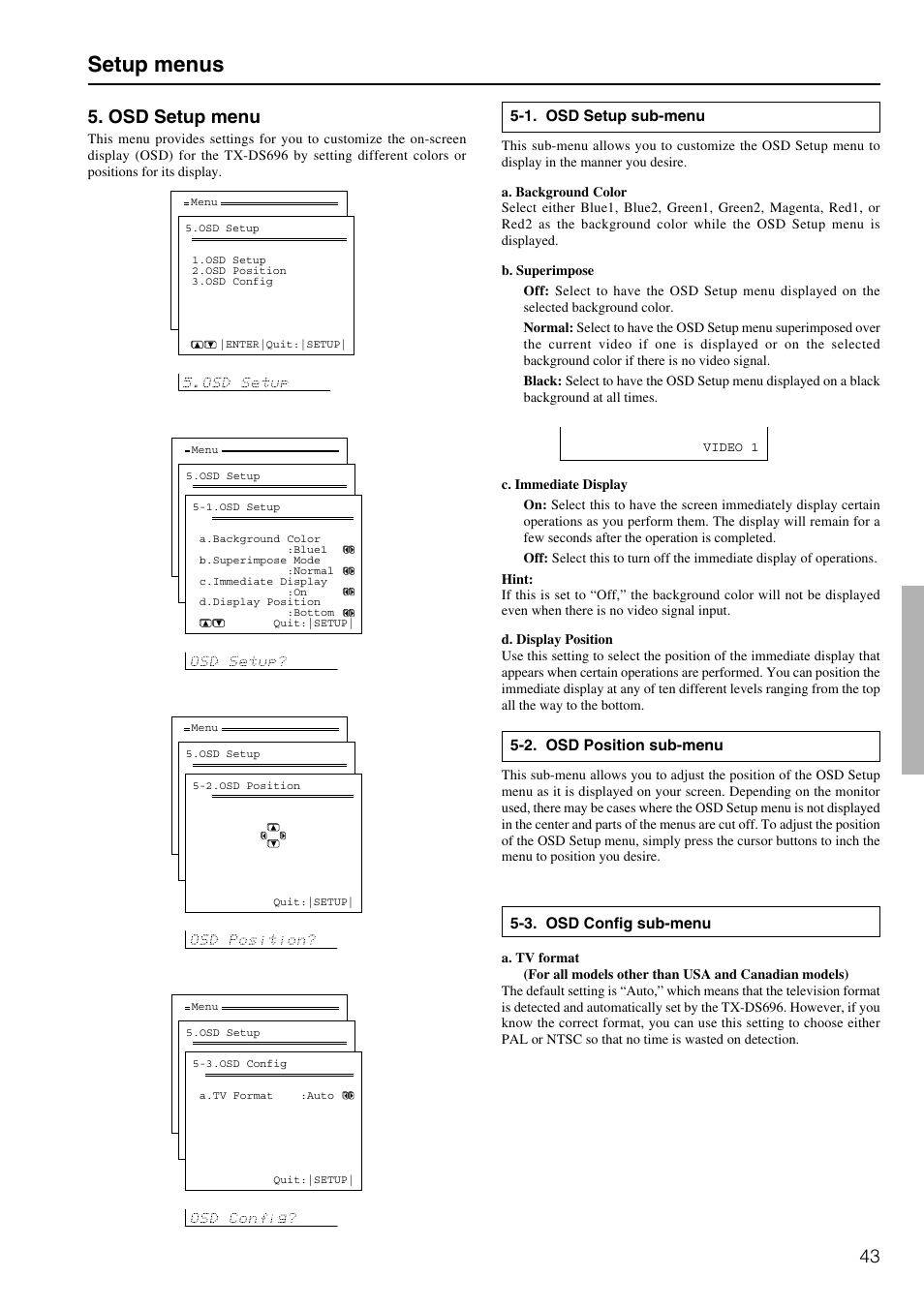 Setup menus, 43 5. osd setup menu | Onkyo TX-DS696 User Manual | Page 43 / 64