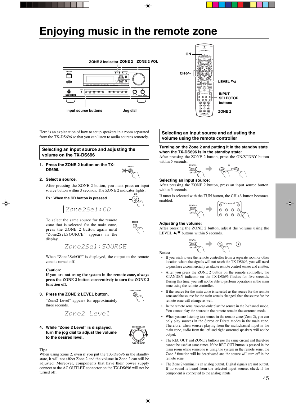 Enjoying music in the remote zone, Standby off on, Rec out zone 2 zone 2 level ch level | Onkyo TX-DS696 User Manual | Page 45 / 64