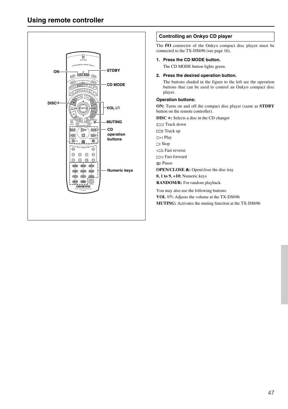 Using remote controller | Onkyo TX-DS696 User Manual | Page 47 / 64