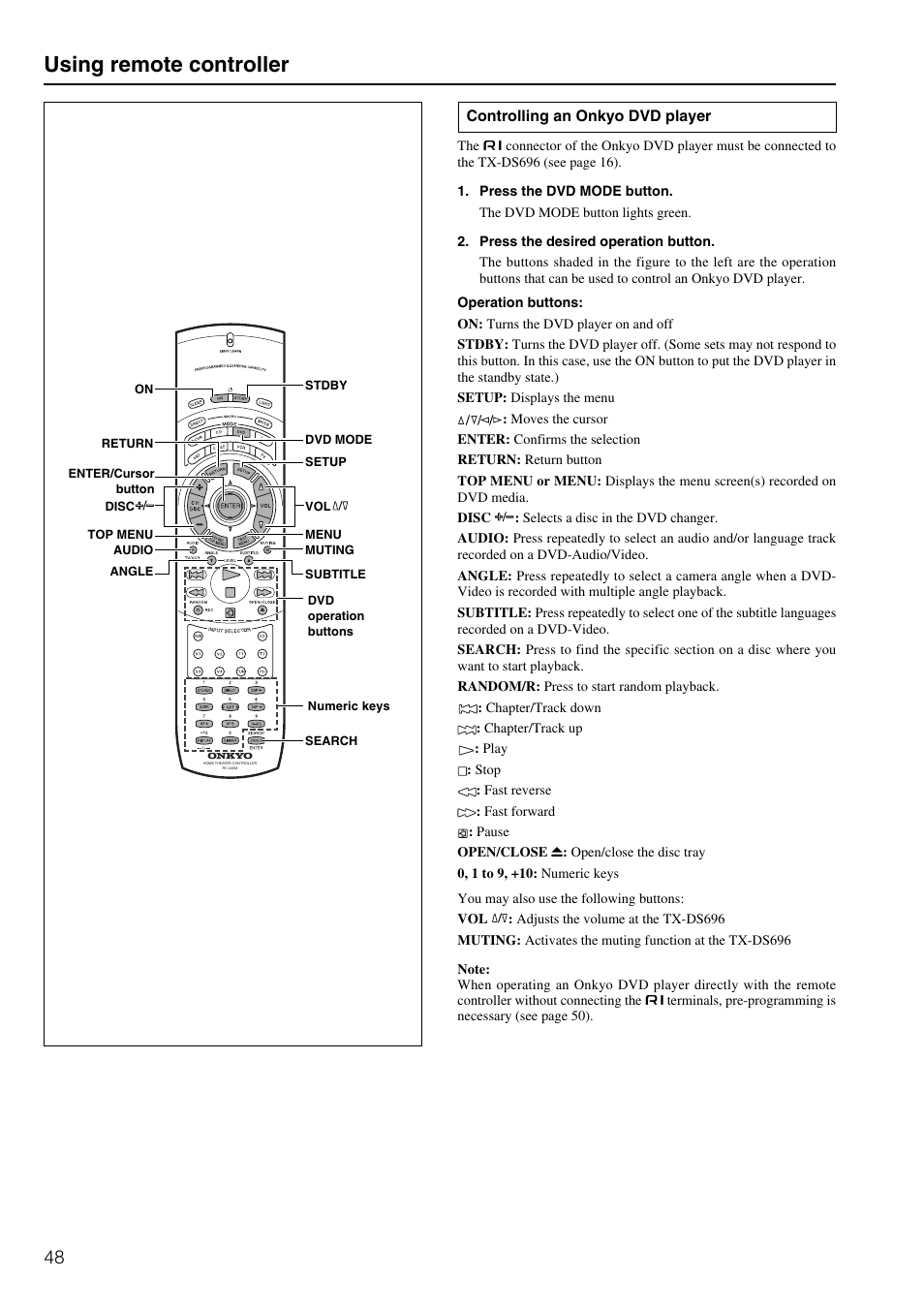 Using remote controller | Onkyo TX-DS696 User Manual | Page 48 / 64