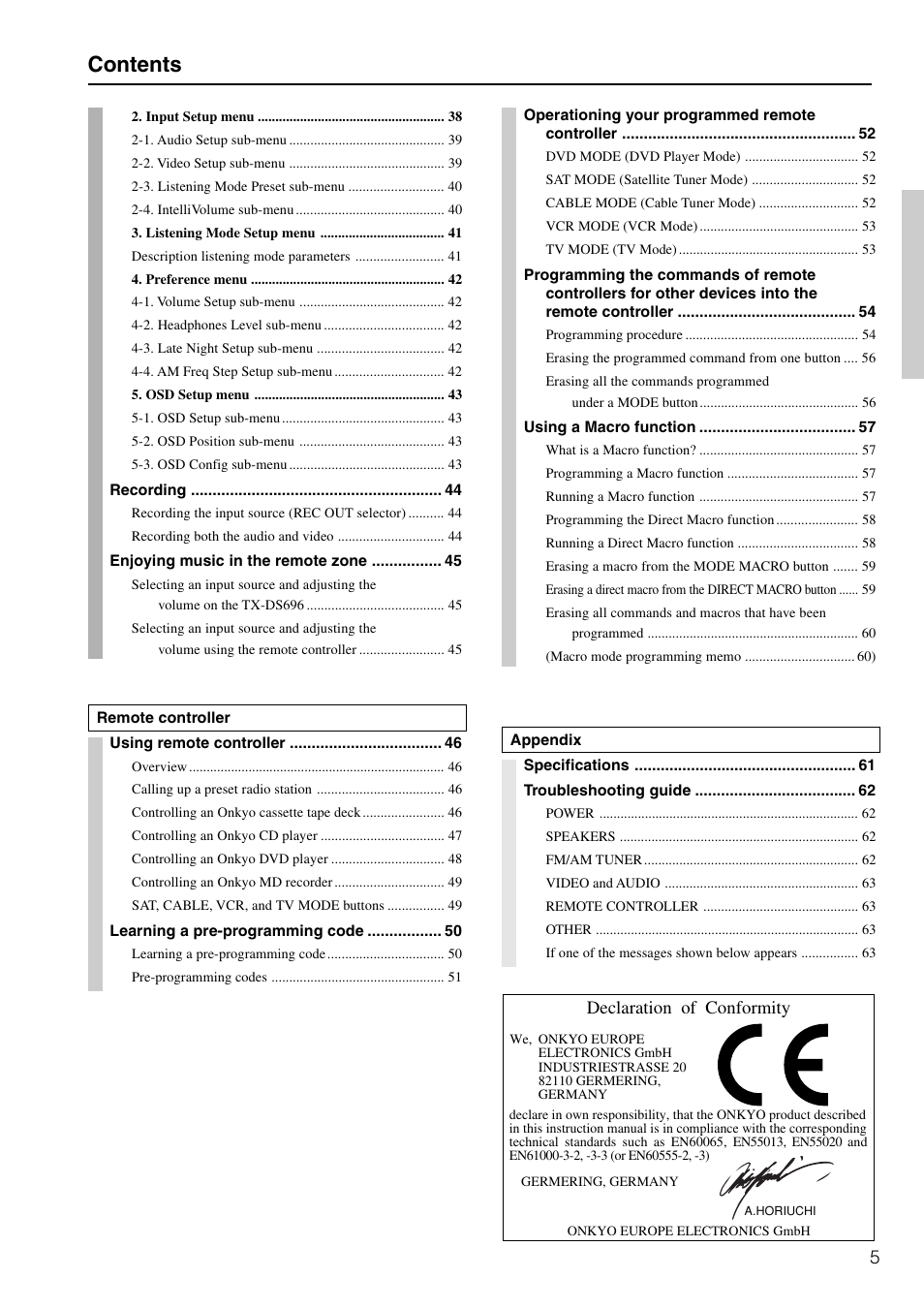 Onkyo TX-DS696 User Manual | Page 5 / 64