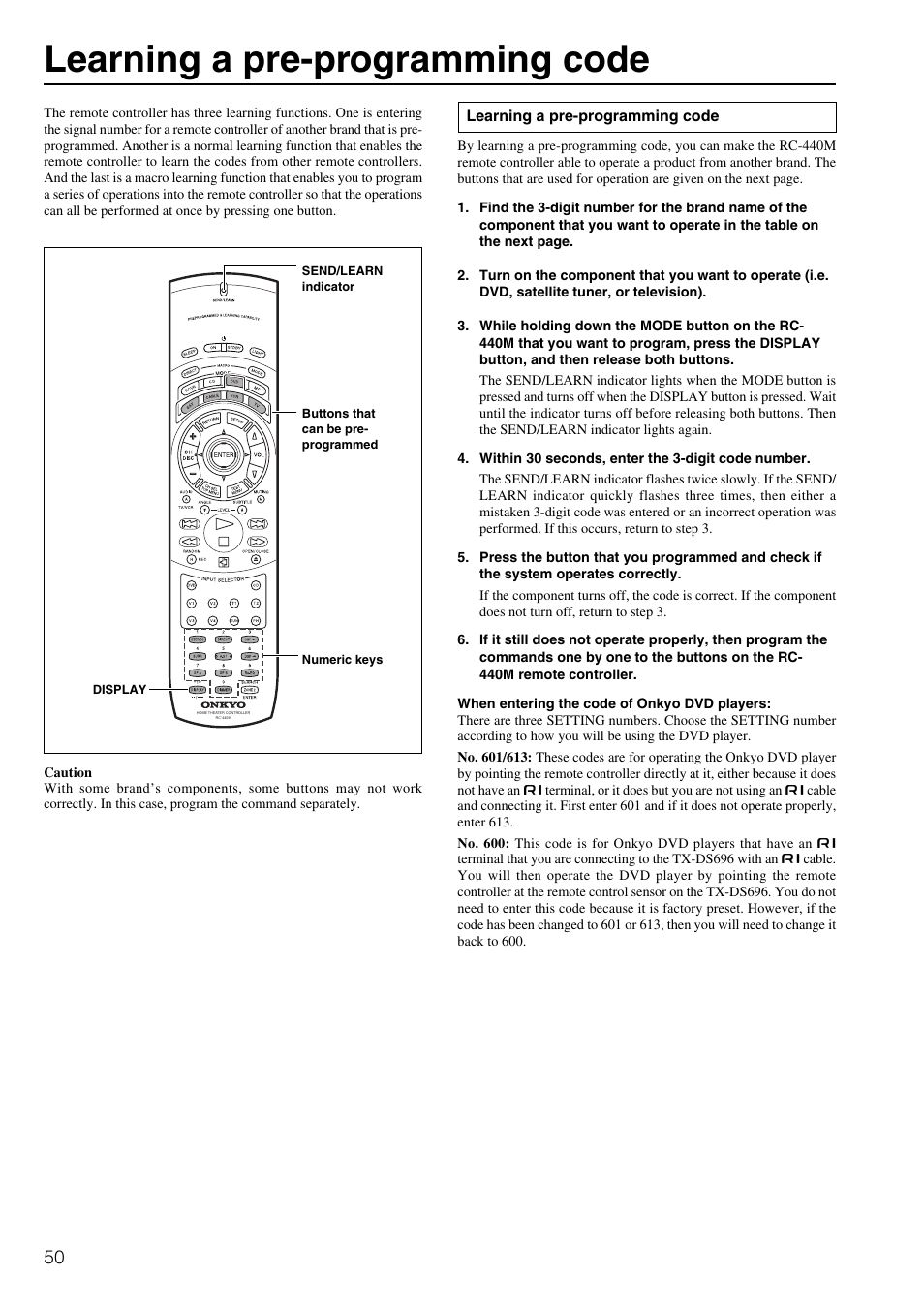 Learning a pre-programming code | Onkyo TX-DS696 User Manual | Page 50 / 64