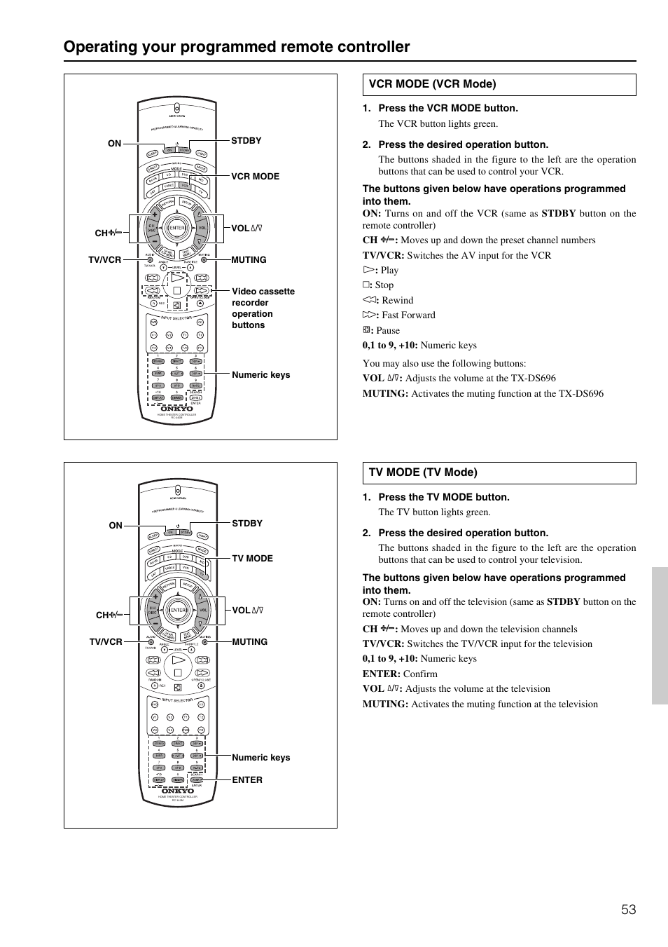 Operating your programmed remote controller | Onkyo TX-DS696 User Manual | Page 53 / 64