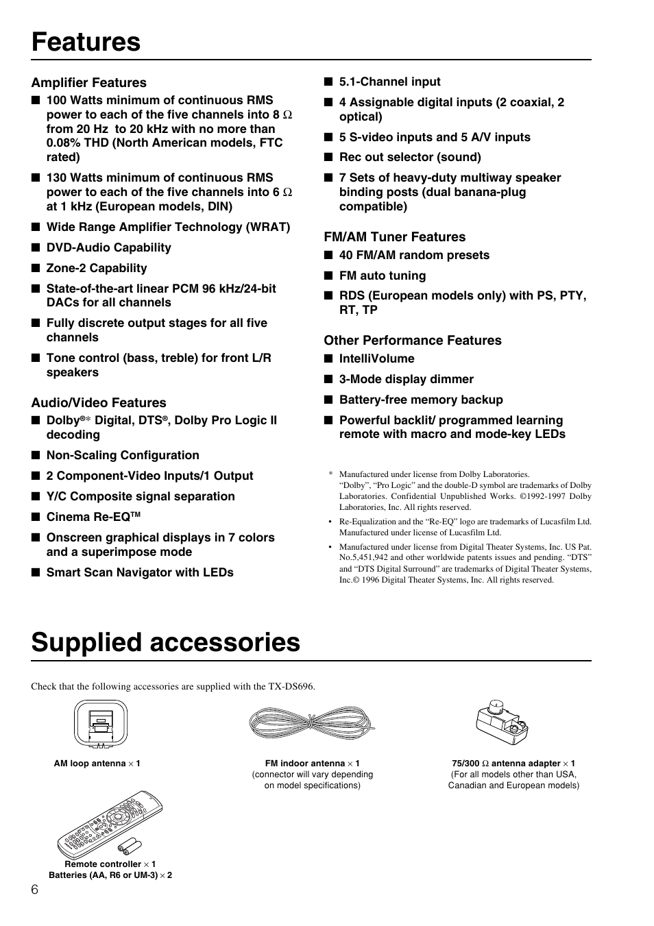 Features, Supplied accessories | Onkyo TX-DS696 User Manual | Page 6 / 64