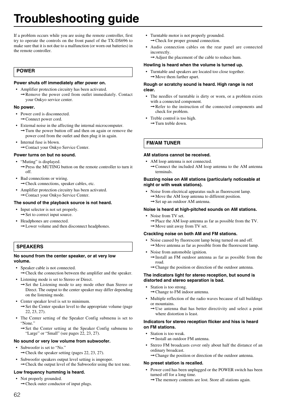 Troubleshooting guide | Onkyo TX-DS696 User Manual | Page 62 / 64