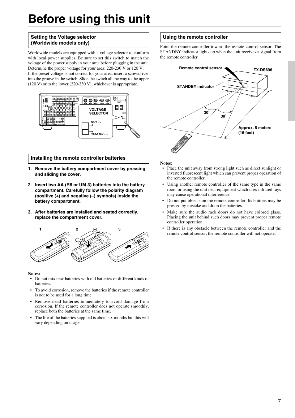 Before using this unit, Installing the remote controller batteries, Using the remote controller | 6 ohms min. / speaker, Pb pr y remote control, Fm 75 am, Pb pr y pb pr y, Front surr, Center, Out in | Onkyo TX-DS696 User Manual | Page 7 / 64