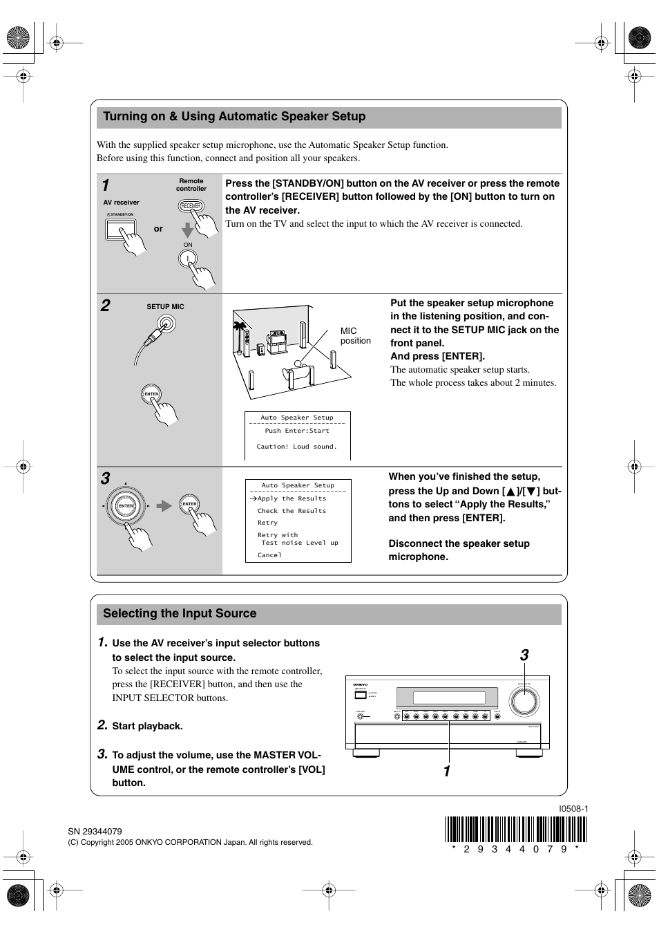 Turning on & using automatic speaker setup, Selecting the input source | Onkyo TX-SR803/803E User Manual | Page 100 / 104