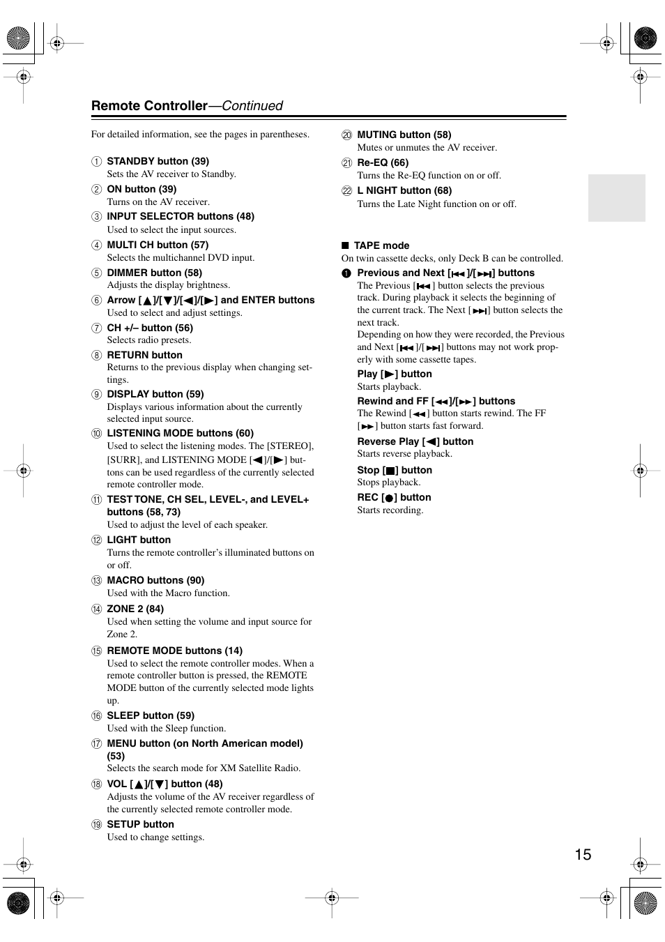 Remote controller —continued | Onkyo TX-SR803/803E User Manual | Page 15 / 104