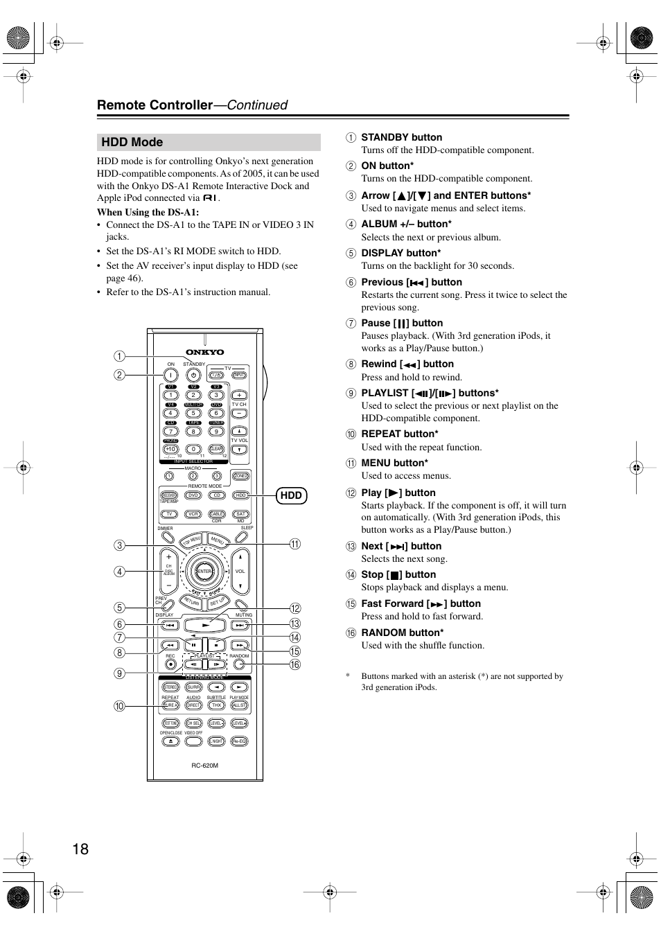 Remote controller —continued, Hdd mode | Onkyo TX-SR803/803E User Manual | Page 18 / 104