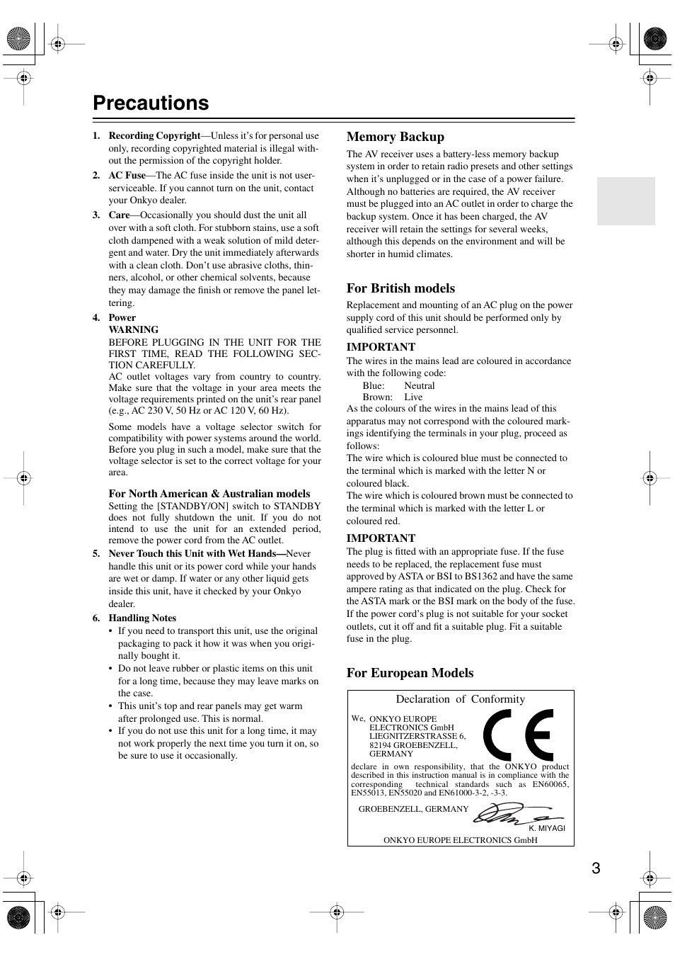 Precautions, For british models, For european models | Onkyo TX-SR803/803E User Manual | Page 3 / 104