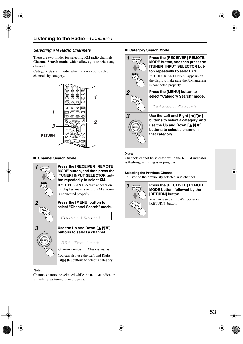 Listening to the radio —continued, Selecting xm radio channels | Onkyo TX-SR803/803E User Manual | Page 53 / 104