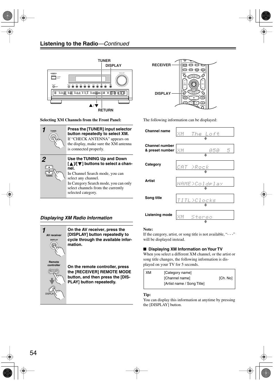 Listening to the radio —continued, Displaying xm radio information | Onkyo TX-SR803/803E User Manual | Page 54 / 104