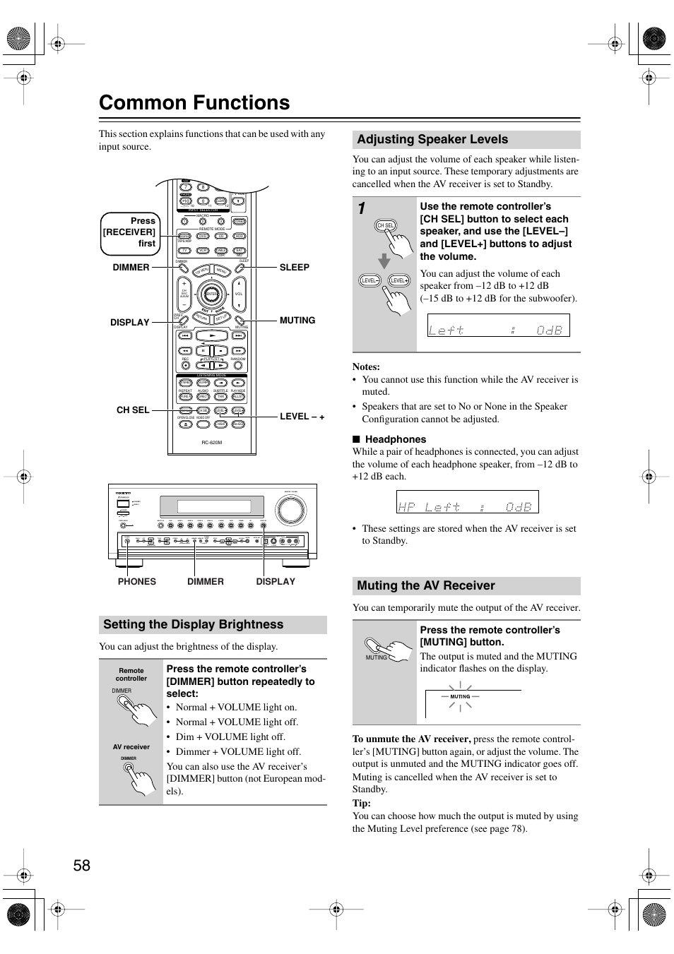 Common functions, Setting the display brightness, Adjusting speaker levels | Muting the av receiver | Onkyo TX-SR803/803E User Manual | Page 58 / 104