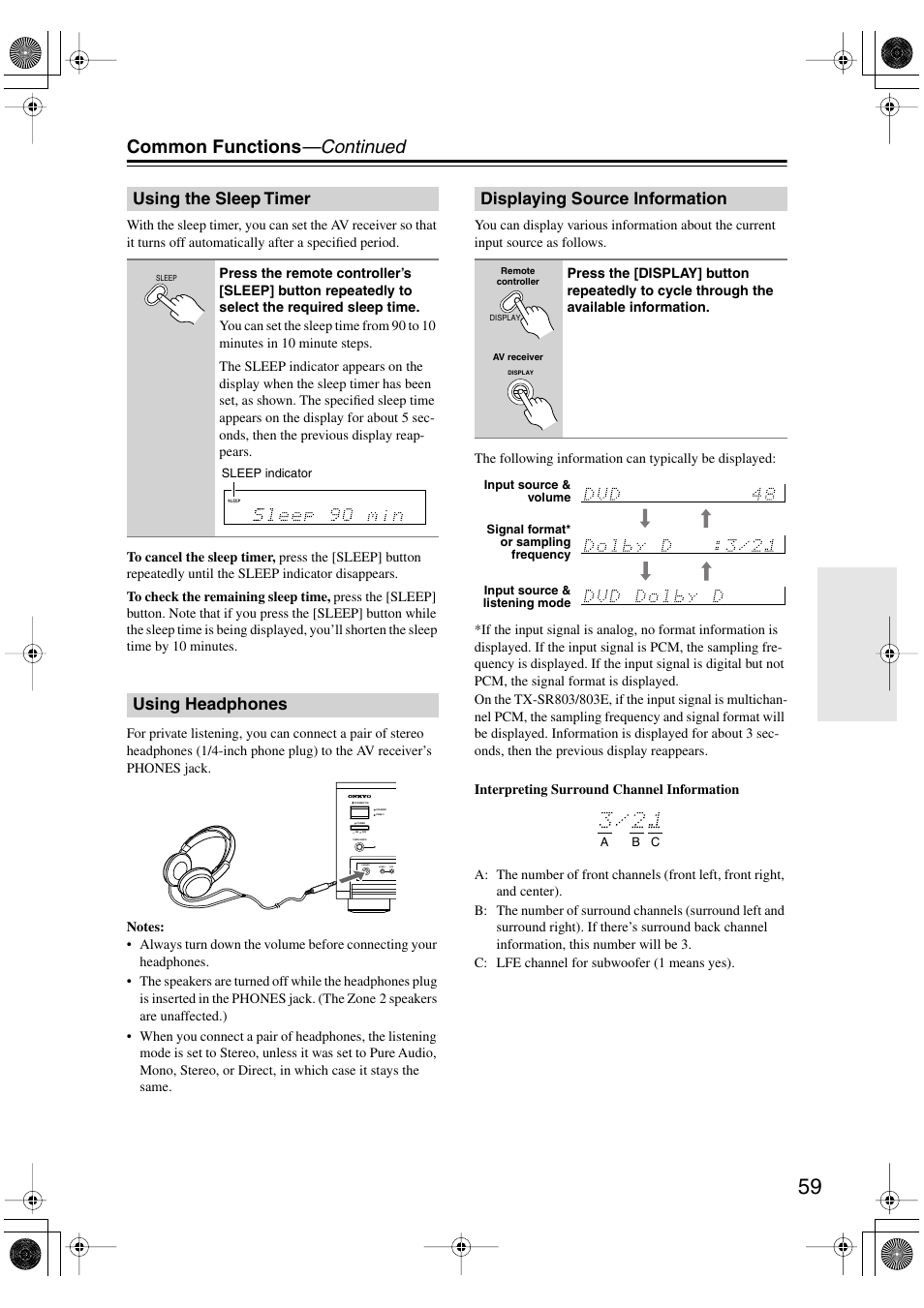 Common functions —continued, Using the sleep timer, Using headphones | Displaying source information | Onkyo TX-SR803/803E User Manual | Page 59 / 104