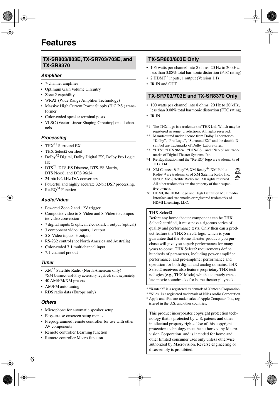 Features | Onkyo TX-SR803/803E User Manual | Page 6 / 104