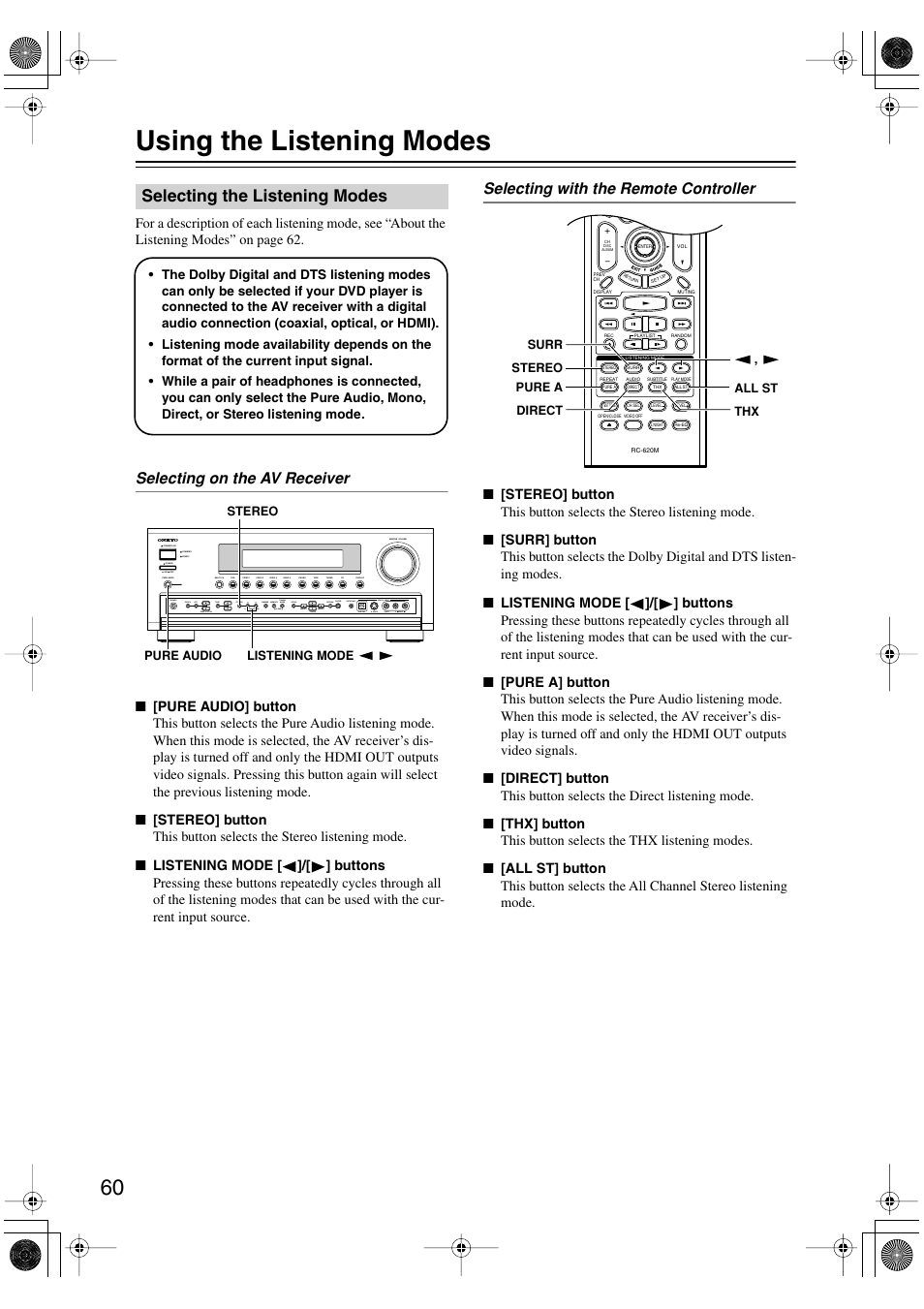 Using the listening modes, Selecting the listening modes, Selecting on the av receiver | Selecting with the remote controller | Onkyo TX-SR803/803E User Manual | Page 60 / 104