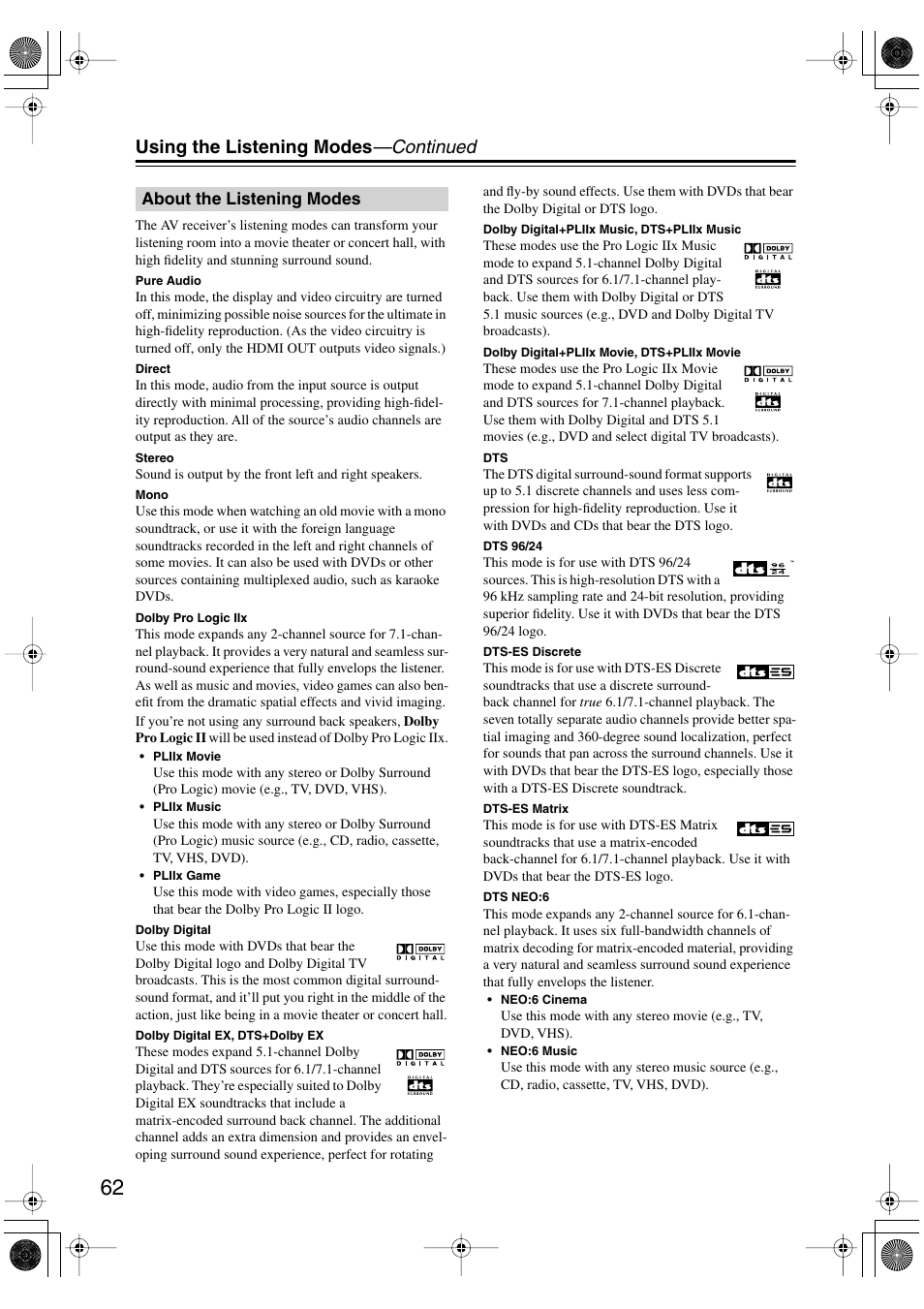 Using the listening modes —continued | Onkyo TX-SR803/803E User Manual | Page 62 / 104