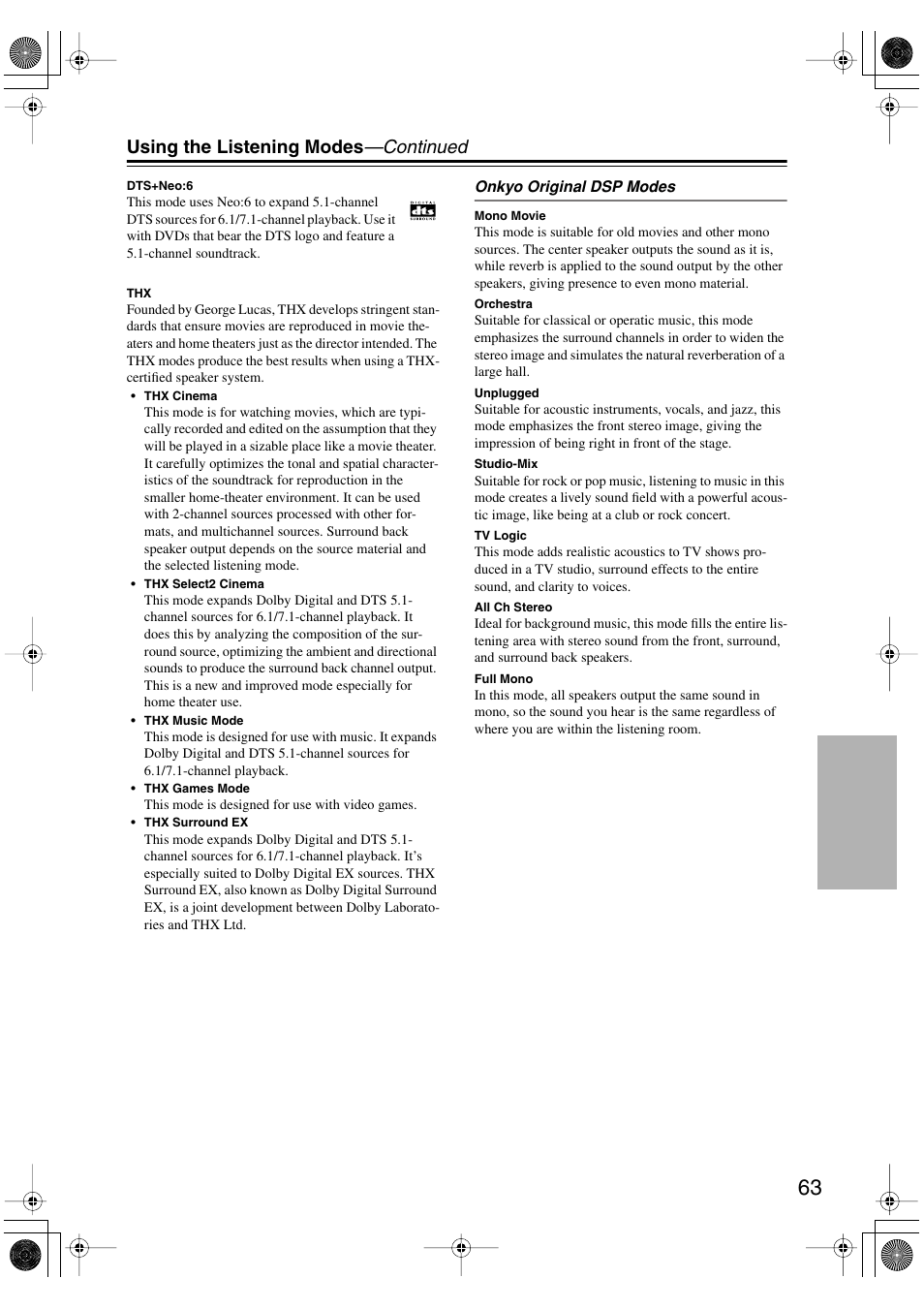 Using the listening modes —continued | Onkyo TX-SR803/803E User Manual | Page 63 / 104