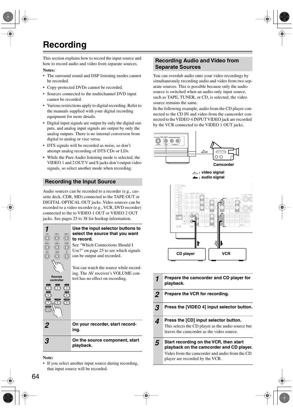 Recording, Recording the input source, Recording audio and video from separate sources | Onkyo TX-SR803/803E User Manual | Page 64 / 104