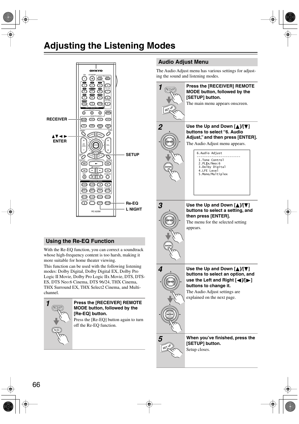 Adjusting the listening modes, Using the re-eq function, Audio adjust menu | Onkyo TX-SR803/803E User Manual | Page 66 / 104