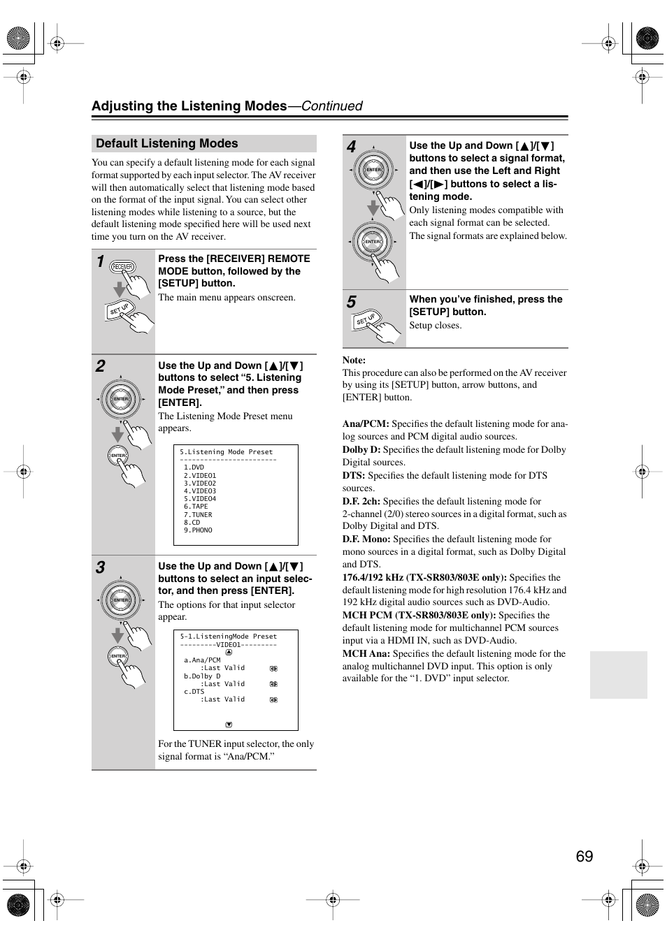 Adjusting the listening modes —continued | Onkyo TX-SR803/803E User Manual | Page 69 / 104