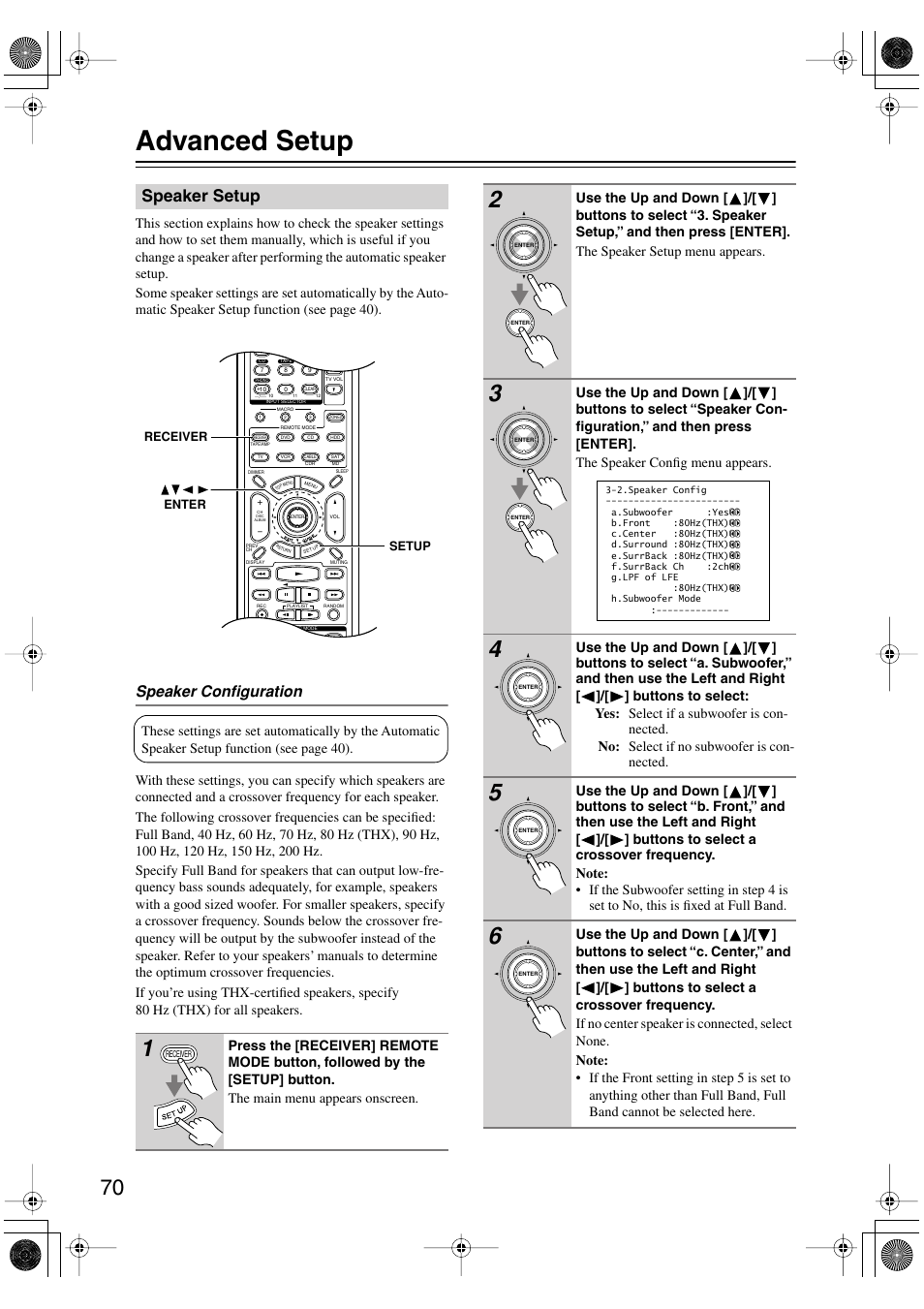 Advanced setup, Speaker setup, Speaker configuration | Onkyo TX-SR803/803E User Manual | Page 70 / 104