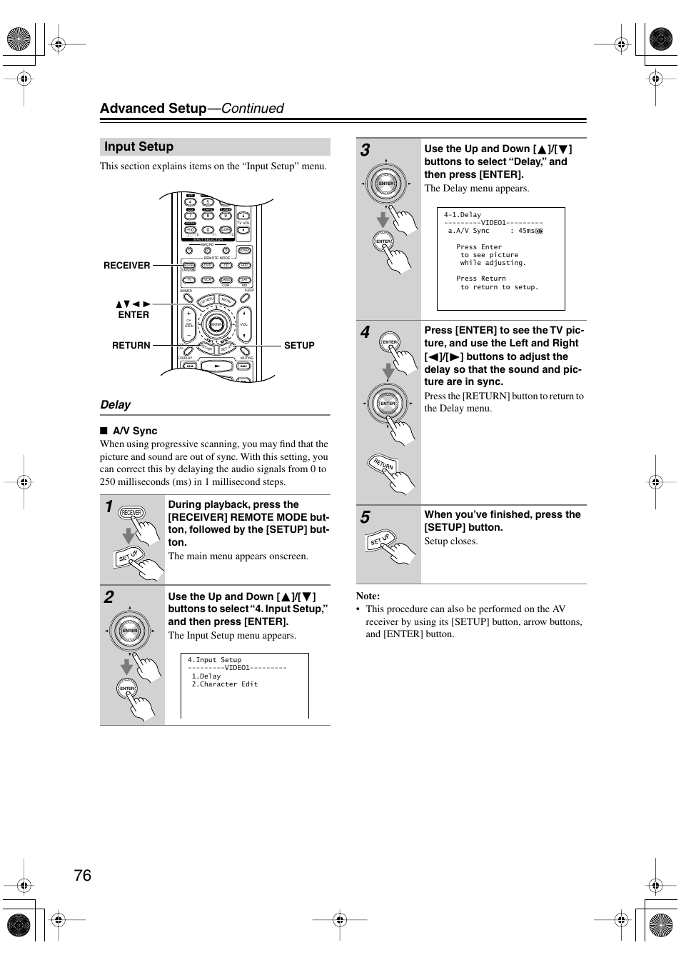 Advanced setup —continued, Input setup, Delay | Onkyo TX-SR803/803E User Manual | Page 76 / 104
