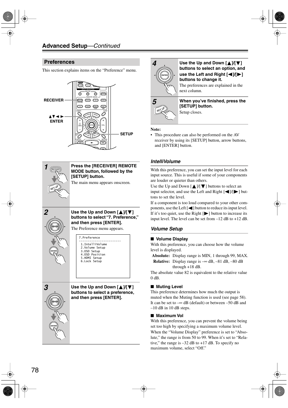 Advanced setup —continued, Preferences, Intellivolume | Volume setup | Onkyo TX-SR803/803E User Manual | Page 78 / 104