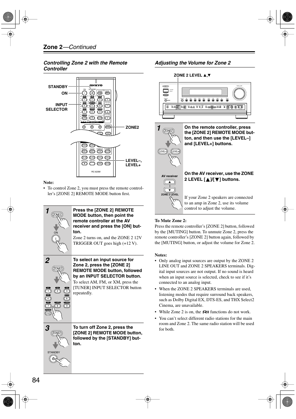 Zone 2 —continued, Controlling zone 2 with the remote controller, Adjusting the volume for zone 2 | Onkyo TX-SR803/803E User Manual | Page 84 / 104