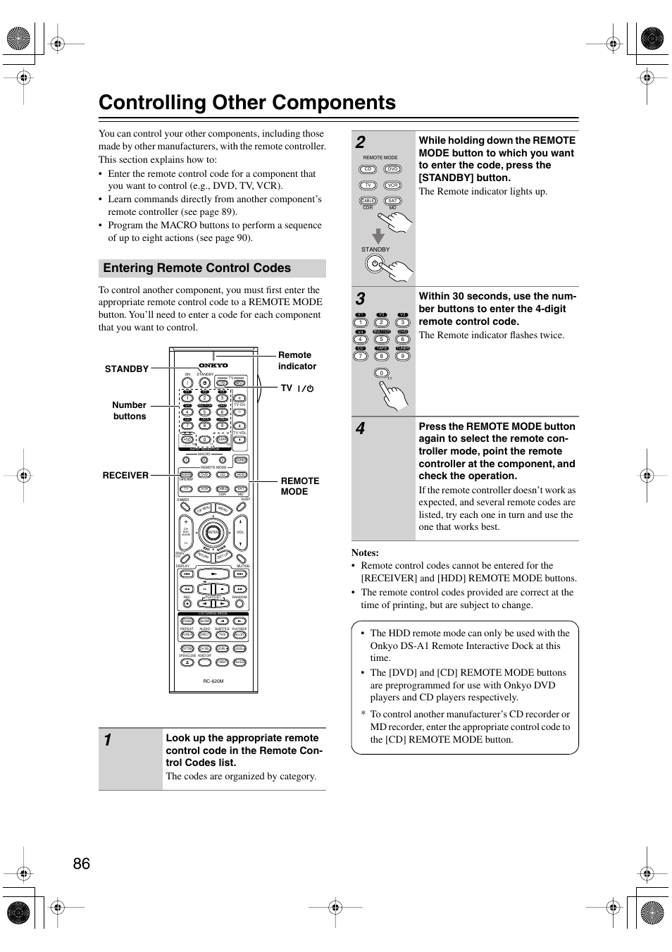 Controlling other components, Entering remote control codes | Onkyo TX-SR803/803E User Manual | Page 86 / 104