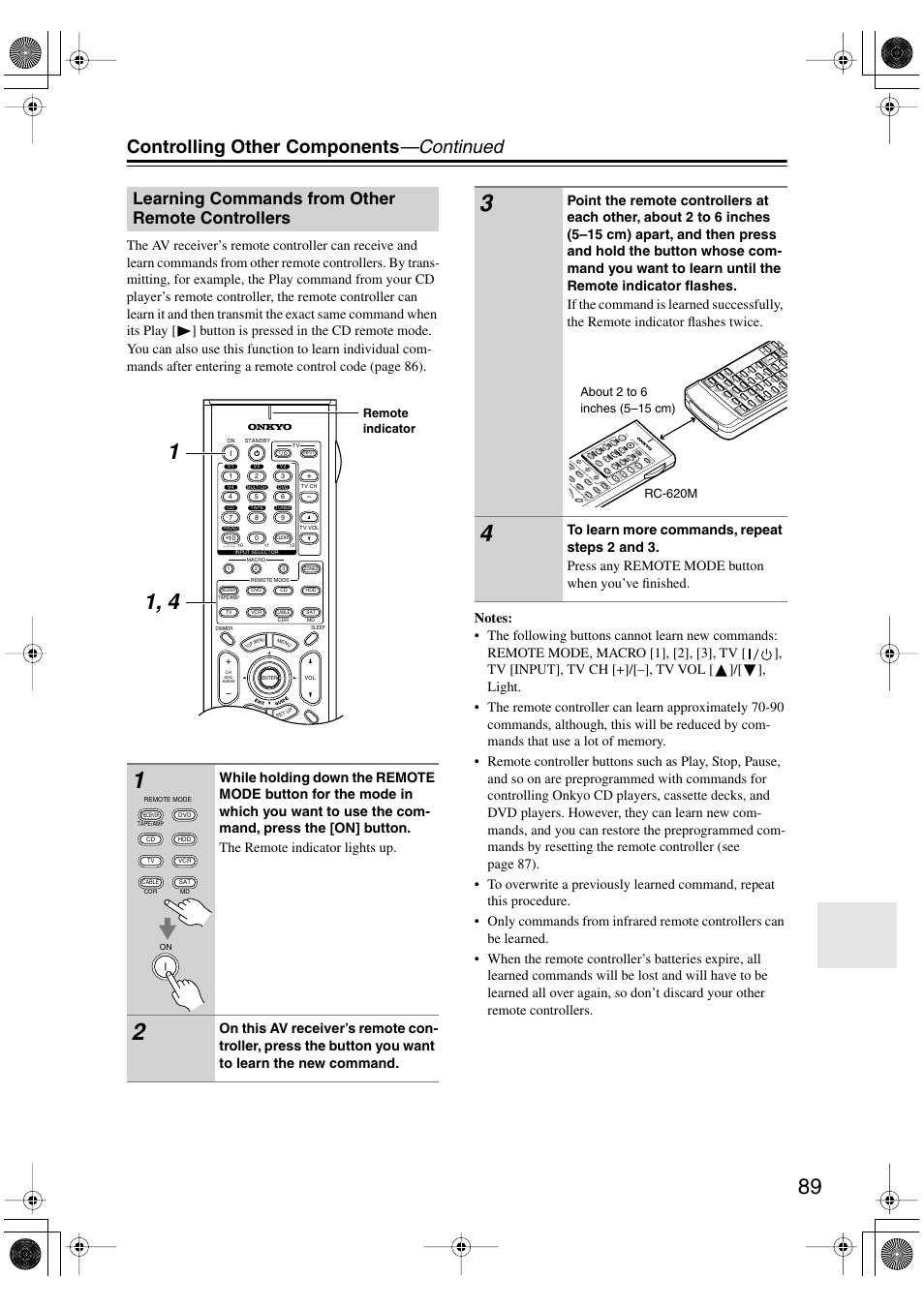 Controlling other components —continued, Learning commands from other remote controllers, Remote indicator | Onkyo TX-SR803/803E User Manual | Page 89 / 104