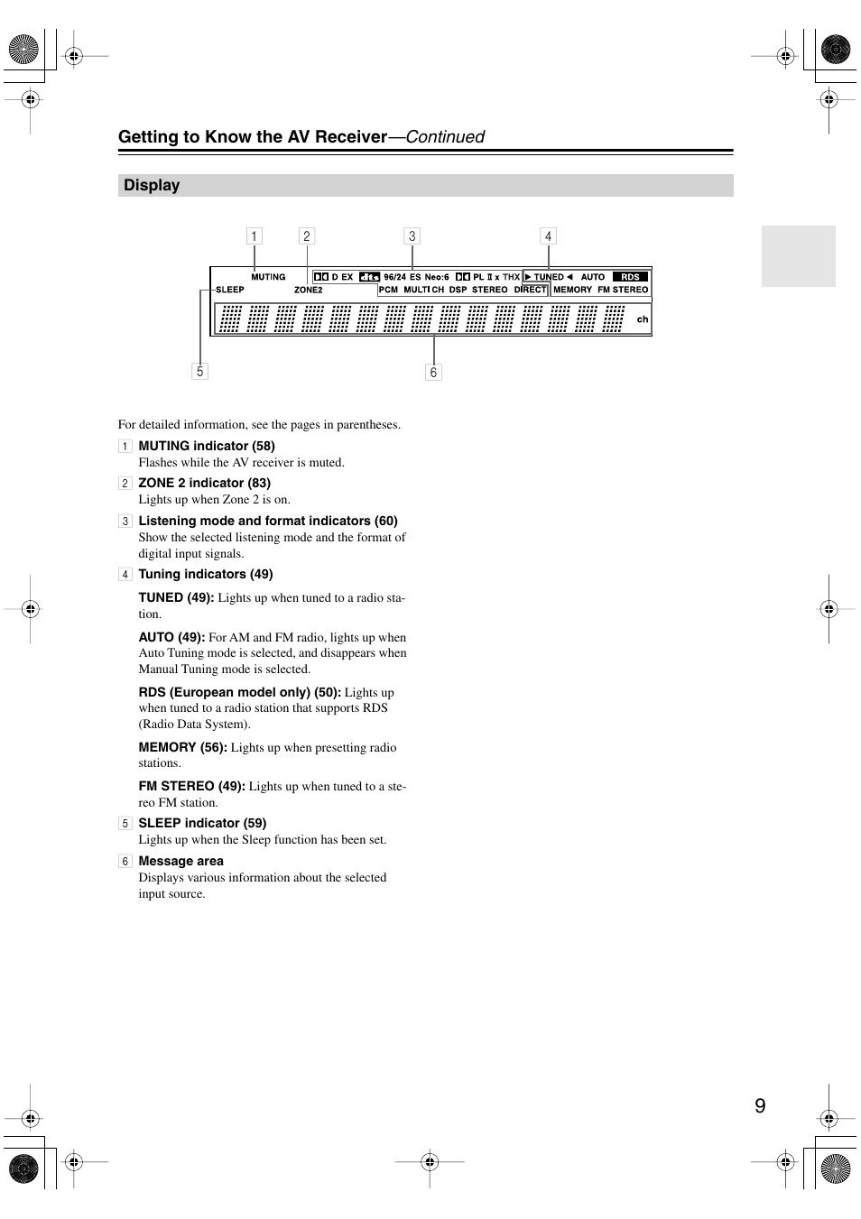 Getting to know the av receiver —continued | Onkyo TX-SR803/803E User Manual | Page 9 / 104