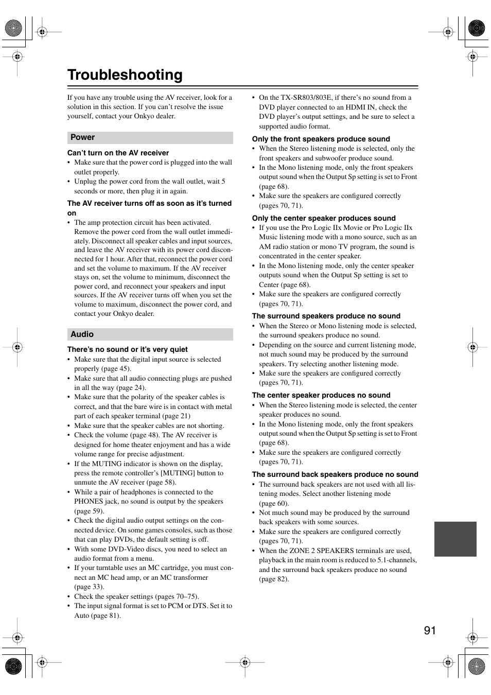 Troubleshooting | Onkyo TX-SR803/803E User Manual | Page 91 / 104