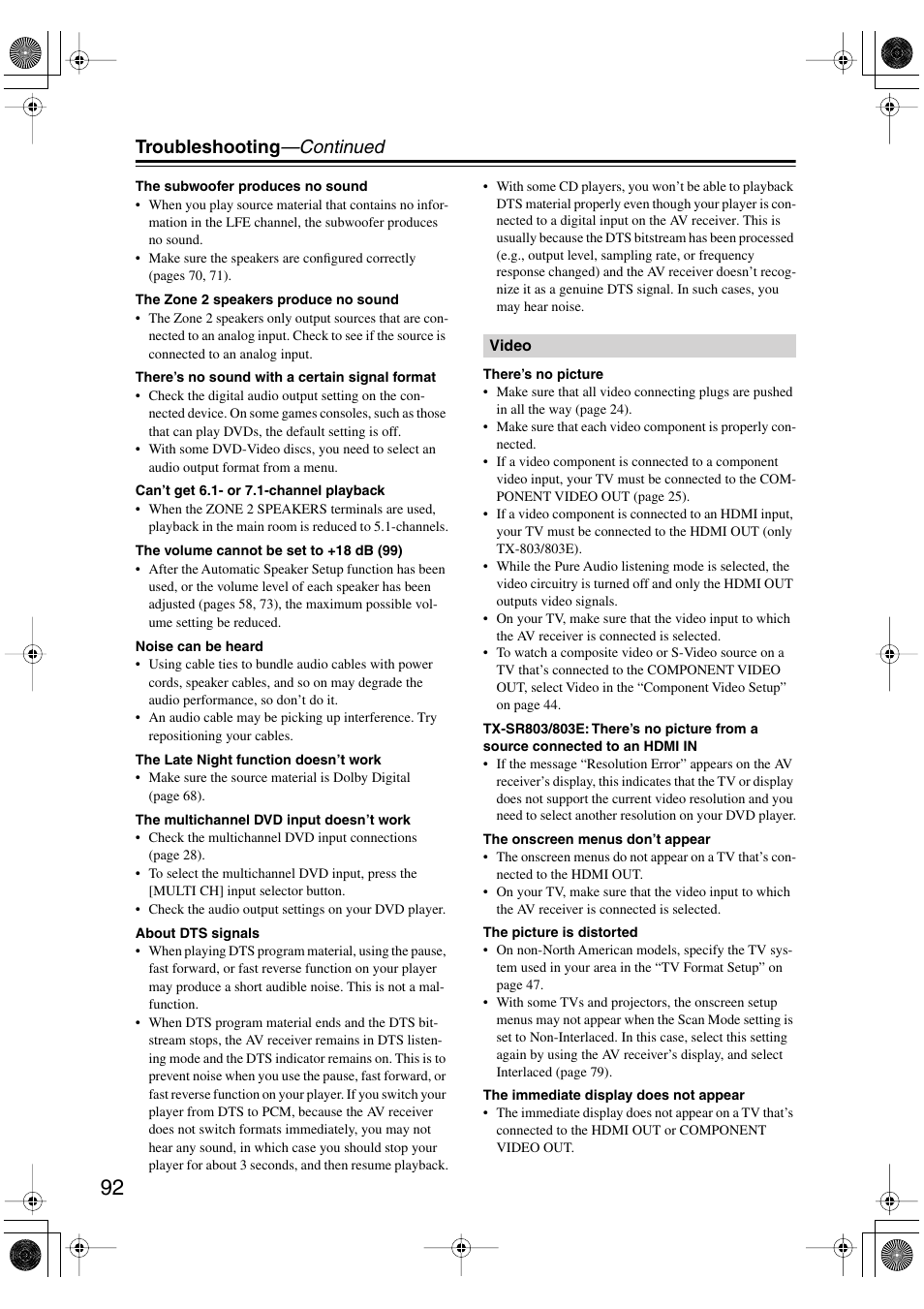 Troubleshooting —continued | Onkyo TX-SR803/803E User Manual | Page 92 / 104