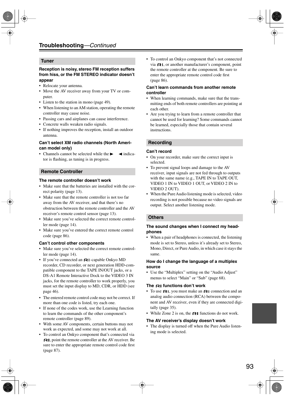 Troubleshooting —continued | Onkyo TX-SR803/803E User Manual | Page 93 / 104
