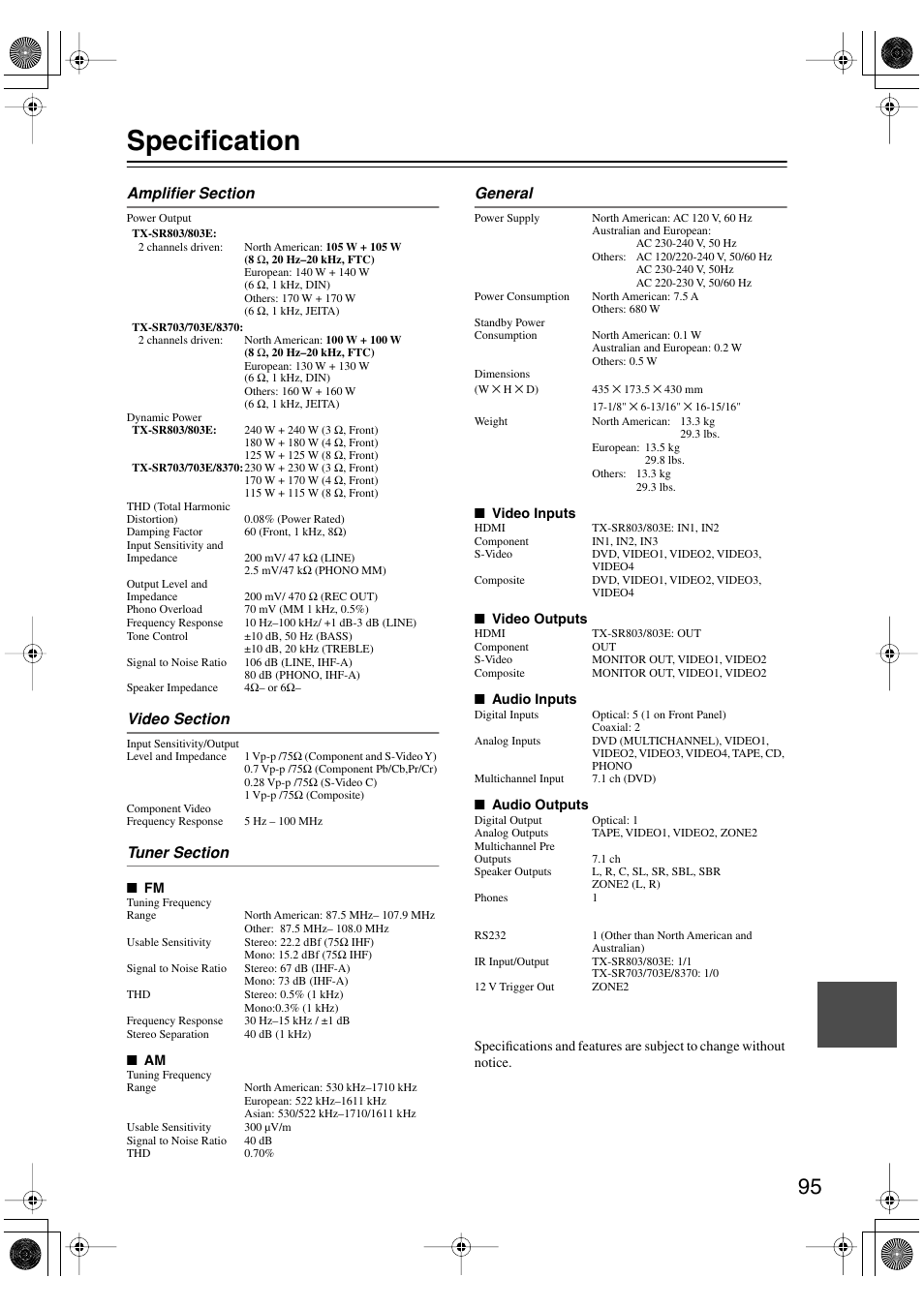 Specification | Onkyo TX-SR803/803E User Manual | Page 95 / 104