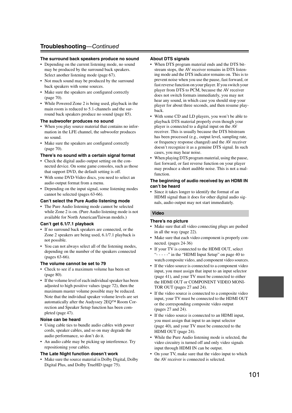 Troubleshooting —continued | Onkyo TX SR607 User Manual | Page 101 / 108