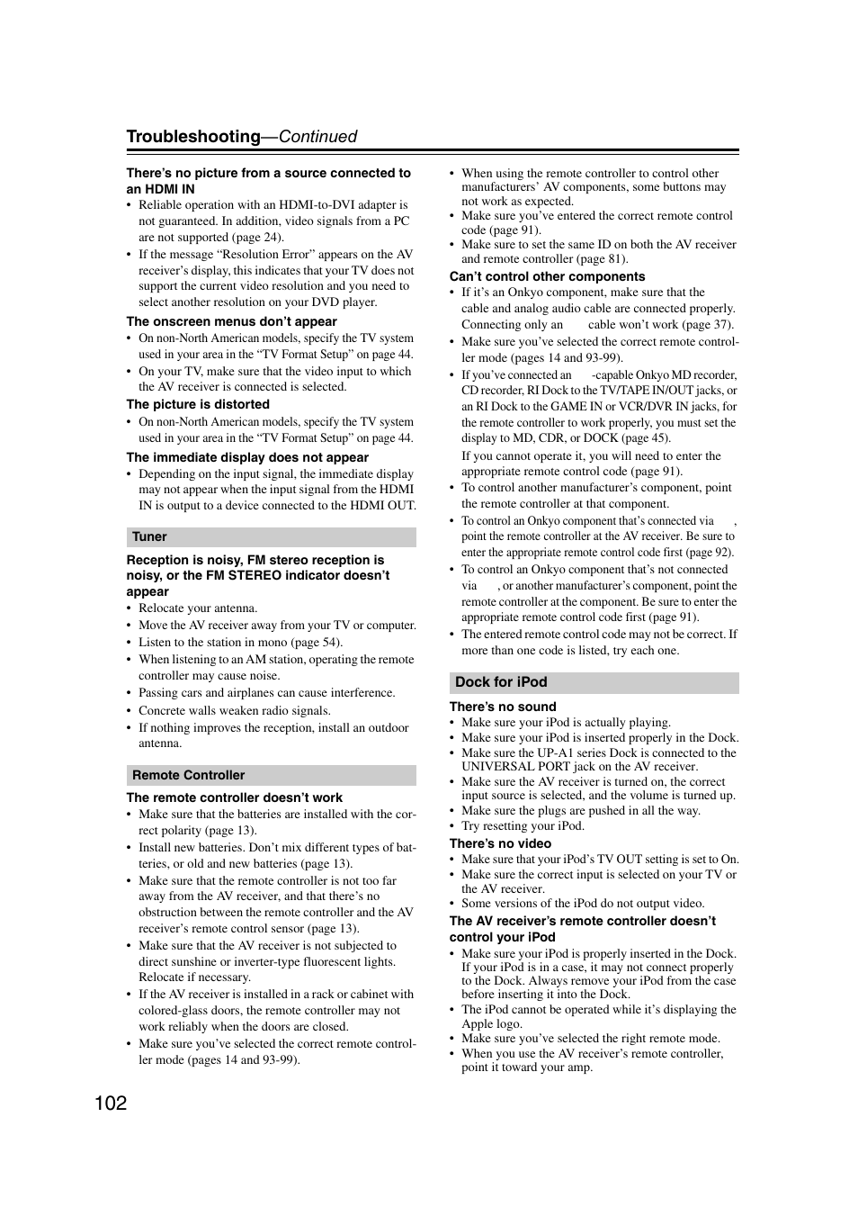 Troubleshooting —continued | Onkyo TX SR607 User Manual | Page 102 / 108