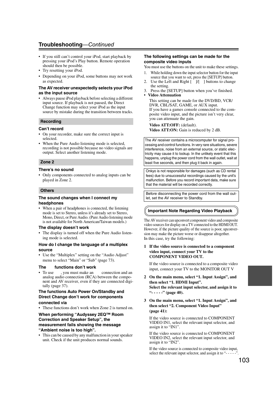 Troubleshooting —continued | Onkyo TX SR607 User Manual | Page 103 / 108