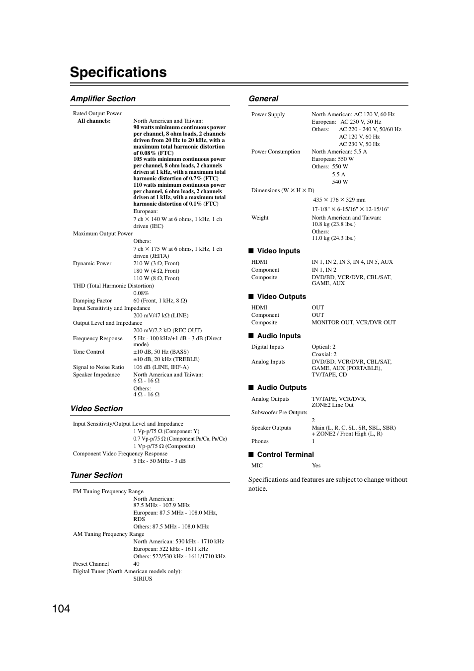 Specifications | Onkyo TX SR607 User Manual | Page 104 / 108