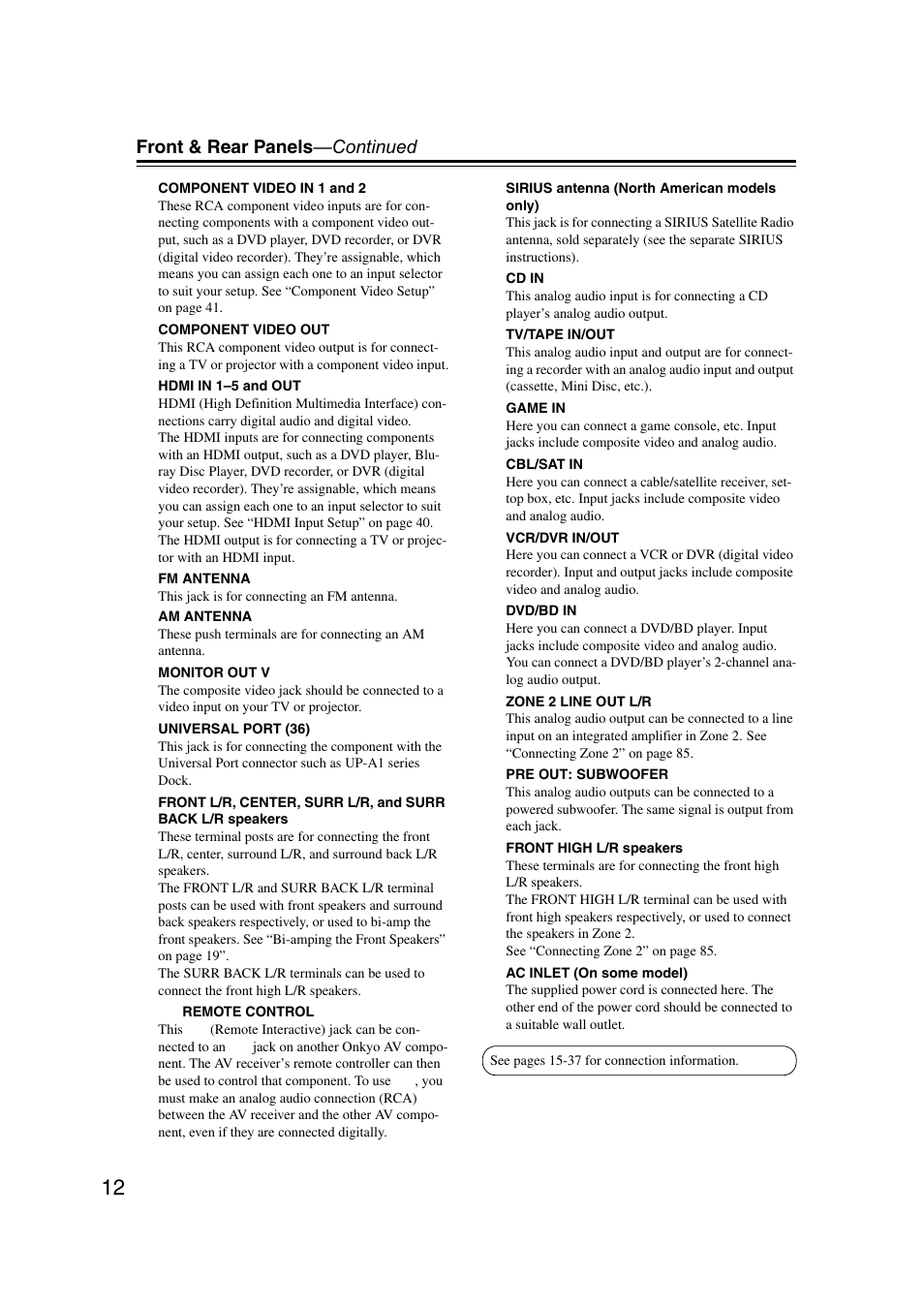 Front & rear panels —continued | Onkyo TX SR607 User Manual | Page 12 / 108