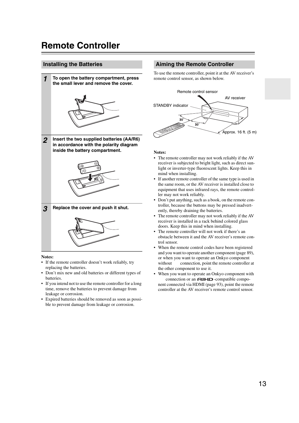 Remote controller, Installing the batteries, Aiming the remote controller | L sensor (13) | Onkyo TX SR607 User Manual | Page 13 / 108