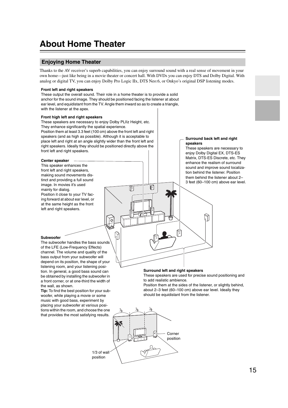 About home theater, Enjoying home theater, Connection | Onkyo TX SR607 User Manual | Page 15 / 108