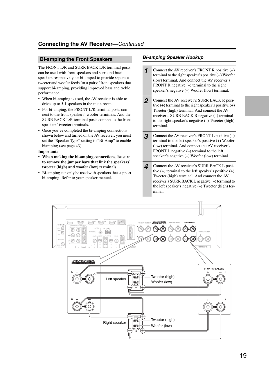 Bi-amping the front speakers, Connecting the av receiver —continued | Onkyo TX SR607 User Manual | Page 19 / 108