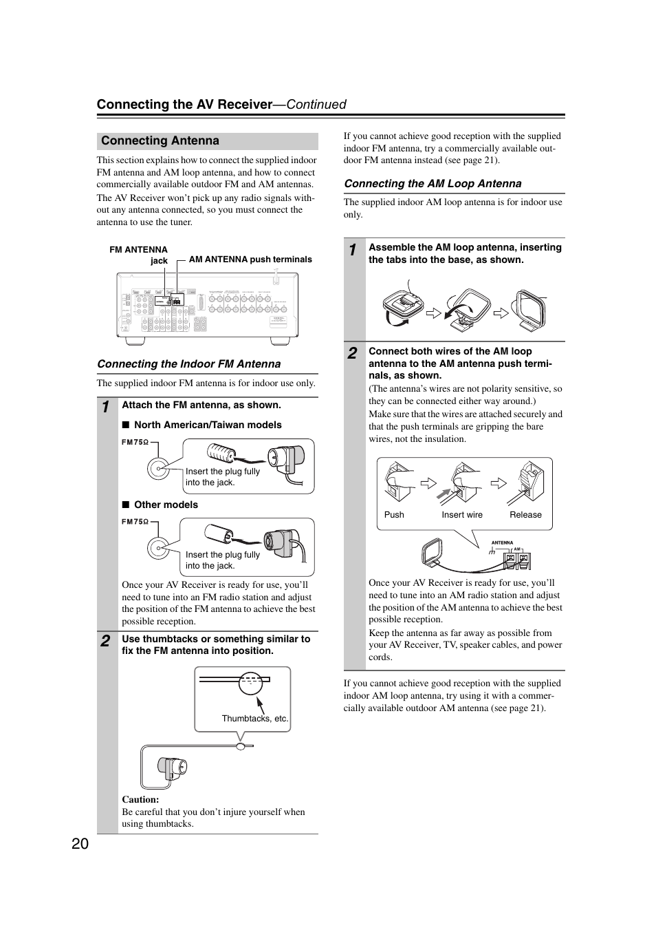 Connecting antenna, Connecting the av receiver —continued | Onkyo TX SR607 User Manual | Page 20 / 108