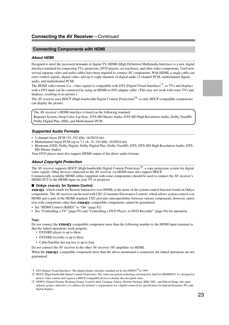 Connecting components with hdmi, Connecting the av receiver —continued | Onkyo TX SR607 User Manual | Page 23 / 108