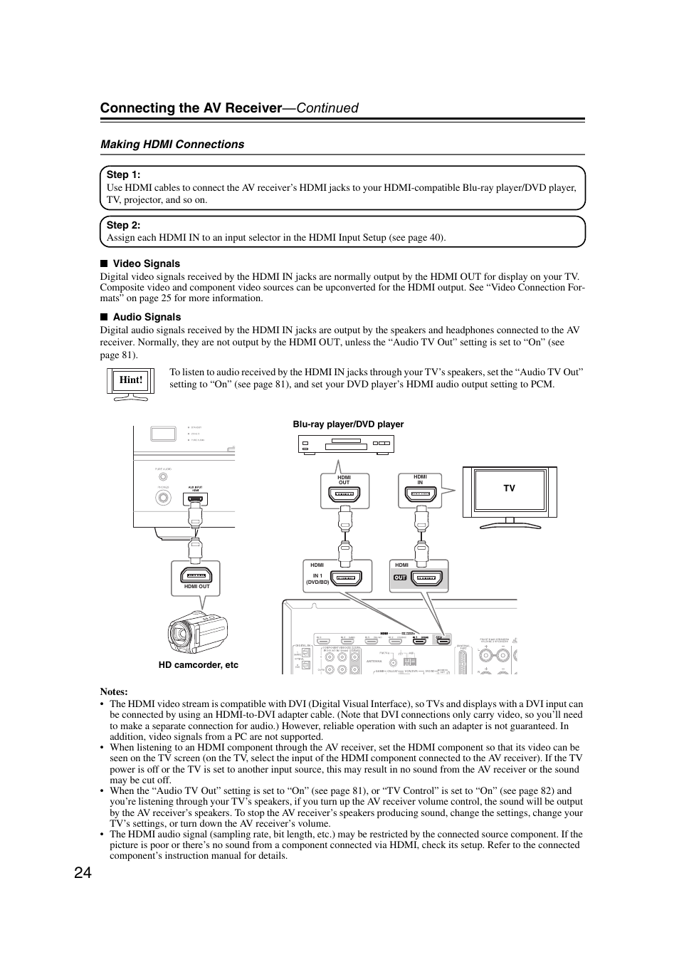 Input hdmi (24), Connecting the av receiver —continued | Onkyo TX SR607 User Manual | Page 24 / 108