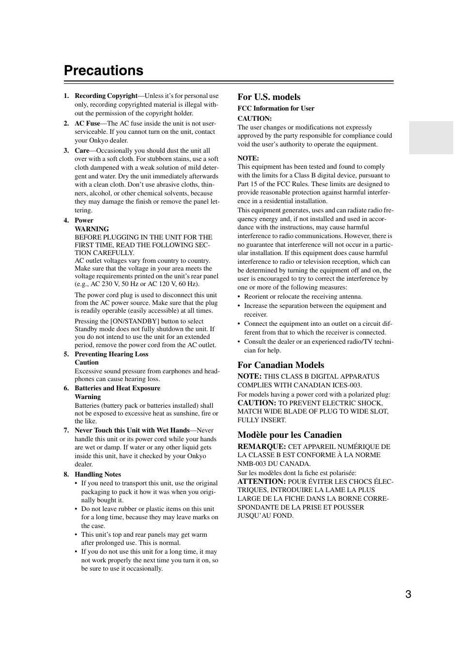 Precautions, For u.s. models, For canadian models | Modèle pour les canadien | Onkyo TX SR607 User Manual | Page 3 / 108