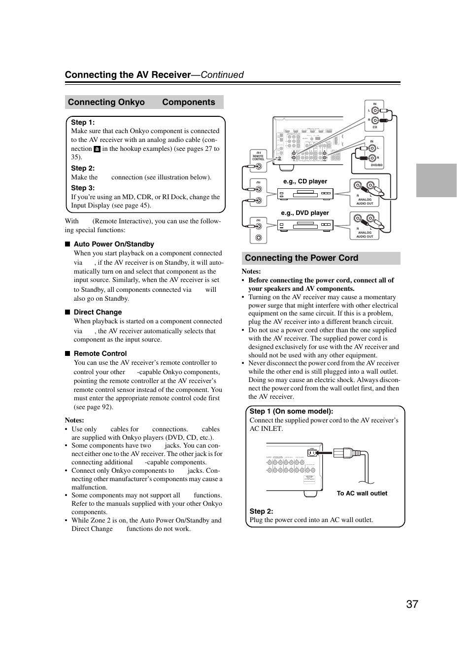 Connecting onkyo ri components, Connecting the power cord, Connecting onkyo | Components, Connecting the av receiver —continued, Connecting onkyo components | Onkyo TX SR607 User Manual | Page 37 / 108