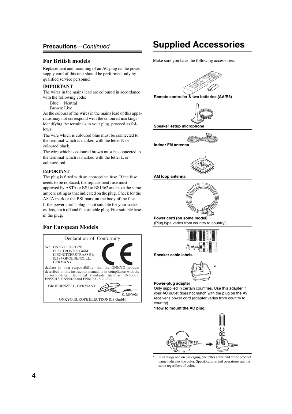 Supplied accessories, Precautions —continued for british models, For european models | Onkyo TX SR607 User Manual | Page 4 / 108